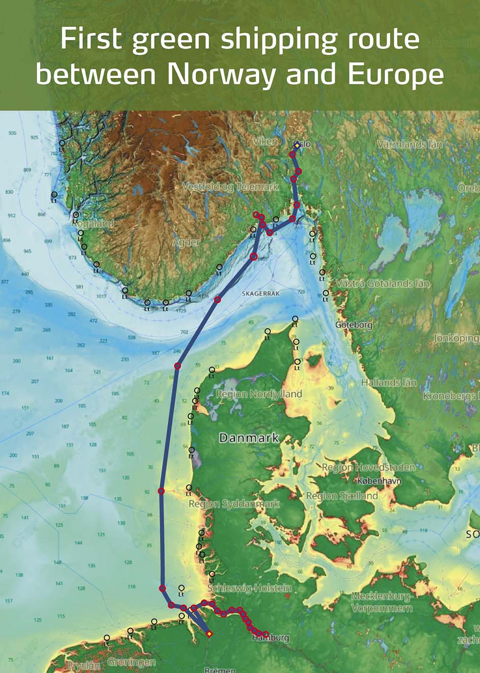 Kart: First green shipping route between Norway and Europe